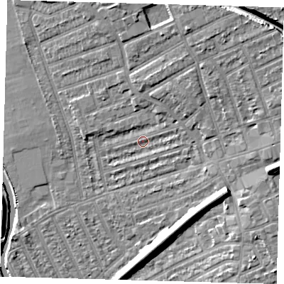 Shaded relief map of the ground around E177AR, computed from Environment Agency LiDAR. The ground here sits at about 9 m above sea level and falls 12 m across the surrounding 800 m. Surface water reaching this point runs off ground lying to the east, 2.8 m higher.