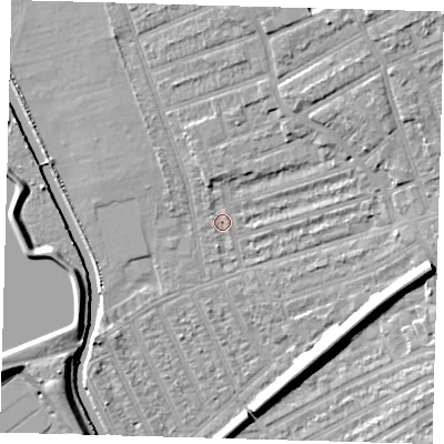 Shaded relief map of the ground around E177AW, computed from Environment Agency LiDAR. The ground here sits at about 7 m above sea level and falls 11 m across the surrounding 800 m. Surface water reaching this point runs off ground lying to the north-east, 6.9 m higher.