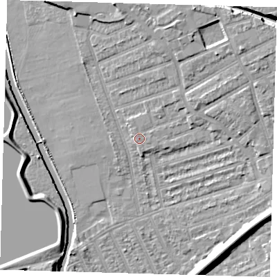 Shaded relief map of the ground around E177AX, computed from Environment Agency LiDAR. The ground here sits at about 9 m above sea level and falls 11 m across the surrounding 800 m. Surface water reaching this point runs off ground lying to the north-north-east, 7.2 m higher.