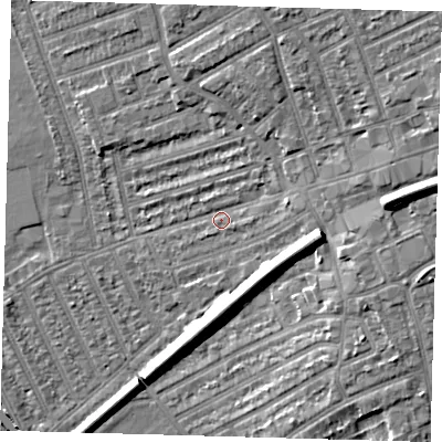 Shaded relief map of the ground around E177HA, computed from Environment Agency LiDAR. The ground here sits at about 9 m above sea level and falls 12 m across the surrounding 800 m. Surface water reaching this point runs off ground lying to the east-north-east, 6.3 m higher.