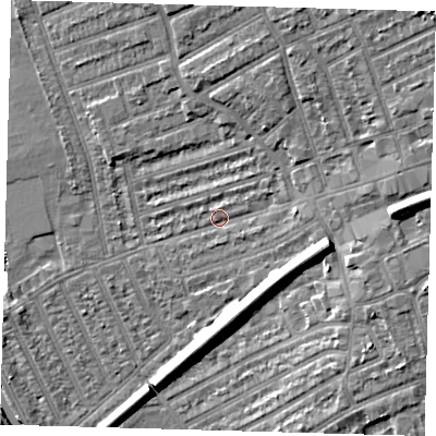 Shaded relief map of the ground around E177HB, computed from Environment Agency LiDAR. The ground here sits at about 9 m above sea level and falls 12 m across the surrounding 800 m. Surface water reaching this point runs off ground lying to the north-east, 8.1 m higher.