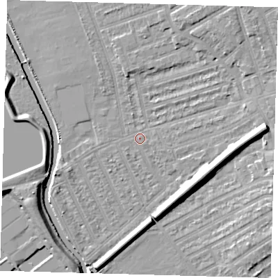 Shaded relief map of the ground around E177HD, computed from Environment Agency LiDAR. The ground here sits at about 8 m above sea level and falls 12 m across the surrounding 800 m. Surface water reaching this point runs off ground lying to the east, 9.7 m higher.