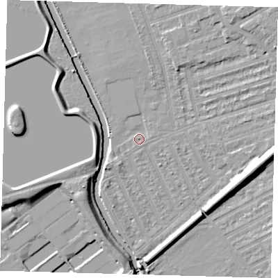 Shaded relief map of the ground around E177HE, computed from Environment Agency LiDAR. The ground here sits at about 7 m above sea level and falls 11 m across the surrounding 800 m. Surface water reaching this point runs off ground lying to the south-west, 1.0 m higher.