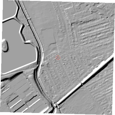 Shaded relief map of the ground around E177HF, computed from Environment Agency LiDAR. The ground here sits at about 7 m above sea level and falls 11 m across the surrounding 800 m. Surface water reaching this point runs off ground lying to the north-east, 6.3 m higher.