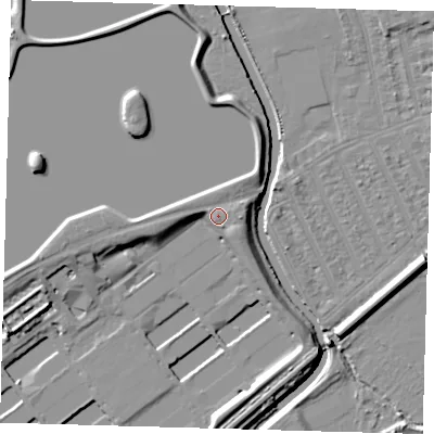 Shaded relief map of the ground around E177HG, computed from Environment Agency LiDAR. The ground here sits at about 12 m above sea level and falls 11 m across the surrounding 800 m. Surface water reaching this point runs off ground lying to the south-east, 1.9 m higher.