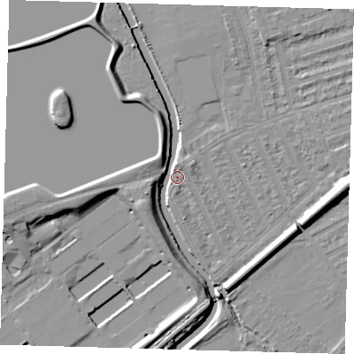 Shaded relief map of the ground around E177HH, computed from Environment Agency LiDAR. The ground here sits at about 8 m above sea level and falls 9 m across the surrounding 800 m. Surface water reaching this point runs off ground lying to the south-west, 7.6 m higher.