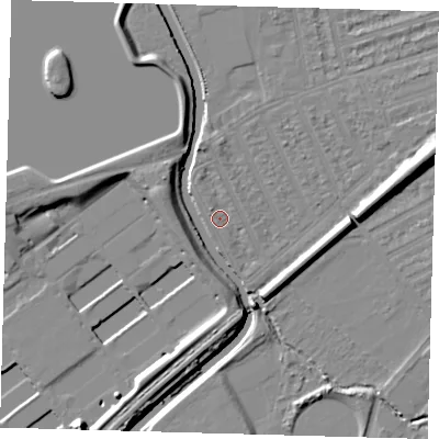 Shaded relief map of the ground around E177HJ, computed from Environment Agency LiDAR. The ground here sits at about 7 m above sea level and falls 10 m across the surrounding 800 m. Surface water reaching this point runs off ground lying to the north-west, 1.6 m higher.
