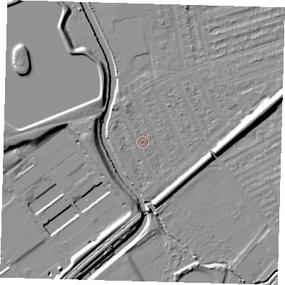 Shaded relief map of the ground around E177HL, computed from Environment Agency LiDAR. The ground here sits at about 7 m above sea level and falls 11 m across the surrounding 800 m. Surface water reaching this point runs off ground lying to the north-north-west, 1.3 m higher.