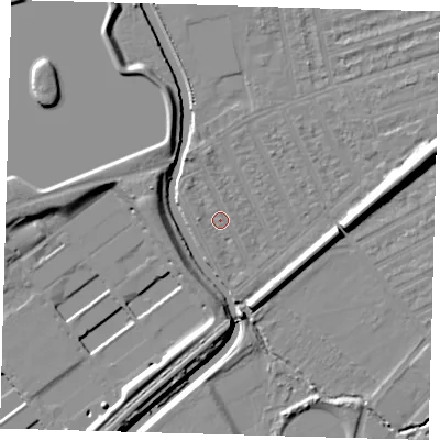 Shaded relief map of the ground around E177HN, computed from Environment Agency LiDAR. The ground here sits at about 8 m above sea level and falls 10 m across the surrounding 800 m. Surface water reaching this point runs off ground lying to the west, 1.6 m higher.