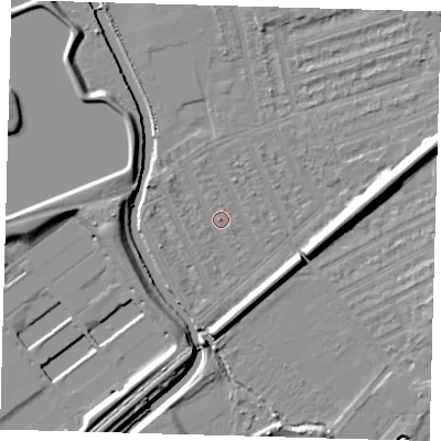 Shaded relief map of the ground around E177HP, computed from Environment Agency LiDAR. The ground here sits at about 7 m above sea level and falls 12 m across the surrounding 800 m. Surface water reaching this point runs off ground lying to the west-north-west, 2.1 m higher.