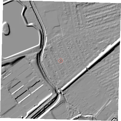Shaded relief map of the ground around E177HR, computed from Environment Agency LiDAR. The ground here sits at about 7 m above sea level and falls 11 m across the surrounding 800 m. Surface water reaching this point runs off ground lying to the north-west, 2.1 m higher.