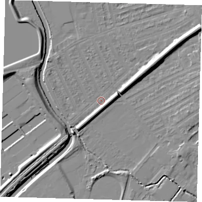 Shaded relief map of the ground around E177HS, computed from Environment Agency LiDAR. The ground here sits at about 7 m above sea level and falls 13 m across the surrounding 800 m. Surface water reaching this point runs off ground lying to the east-north-east, 5.2 m higher.