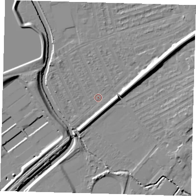 Shaded relief map of the ground around E177HT, computed from Environment Agency LiDAR. The ground here sits at about 7 m above sea level and falls 12 m across the surrounding 800 m. Surface water reaching this point runs off ground lying to the east, 5.2 m higher.