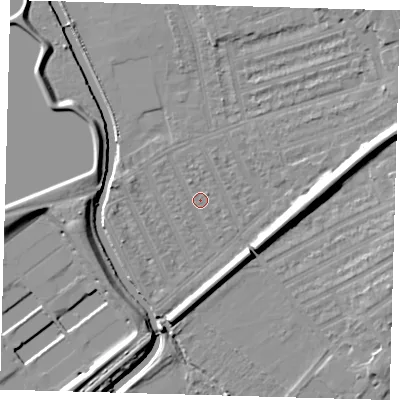 Shaded relief map of the ground around E177HU, computed from Environment Agency LiDAR. The ground here sits at about 7 m above sea level and falls 12 m across the surrounding 800 m. Surface water reaching this point runs off ground lying to the north-east, 6.0 m higher.