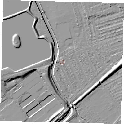 Shaded relief map of the ground around E177HW, computed from Environment Agency LiDAR. The ground here sits at about 8 m above sea level and falls 10 m across the surrounding 800 m. Surface water reaching this point runs off ground lying to the north-north-west, 1.3 m higher.
