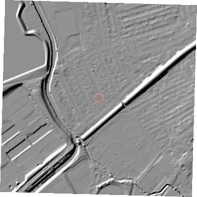 Shaded relief map of the ground around E177HX, computed from Environment Agency LiDAR. The ground here sits at about 7 m above sea level and falls 12 m across the surrounding 800 m. Surface water reaching this point runs off ground lying to the north-east, 5.3 m higher.