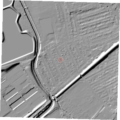 Shaded relief map of the ground around E177HY, computed from Environment Agency LiDAR. The ground here sits at about 7 m above sea level and falls 12 m across the surrounding 800 m. Surface water reaching this point runs off ground lying to the north-east, 6.0 m higher.