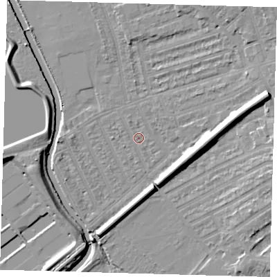 Shaded relief map of the ground around E177JA, computed from Environment Agency LiDAR. The ground here sits at about 7 m above sea level and falls 13 m across the surrounding 800 m. Surface water reaching this point runs off ground lying to the north-north-west, 1.1 m higher.