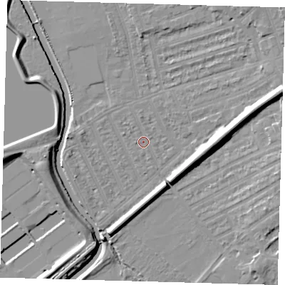 Shaded relief map of the ground around E177JB, computed from Environment Agency LiDAR. The ground here sits at about 7 m above sea level and falls 12 m across the surrounding 800 m. Surface water reaching this point runs off ground lying to the west-north-west, 0.9 m higher.