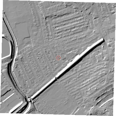 Shaded relief map of the ground around E177JD, computed from Environment Agency LiDAR. The ground here sits at about 7 m above sea level and falls 13 m across the surrounding 800 m. Surface water reaching this point runs off ground lying to the east-north-east, 9.8 m higher.