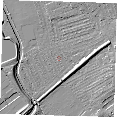 Shaded relief map of the ground around E177JF, computed from Environment Agency LiDAR. The ground here sits at about 7 m above sea level and falls 13 m across the surrounding 800 m. Surface water reaching this point runs off ground lying to the north-west, 1.1 m higher.