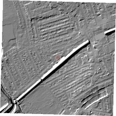 Shaded relief map of the ground around E177LE, computed from Environment Agency LiDAR. The ground here sits at about 8 m above sea level and falls 14 m across the surrounding 800 m. Surface water reaching this point runs off ground lying to the east-north-east, 7.7 m higher.