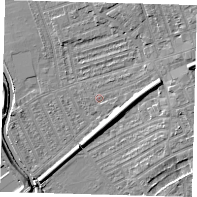 Shaded relief map of the ground around E177LH, computed from Environment Agency LiDAR. The ground here sits at about 8 m above sea level and falls 13 m across the surrounding 800 m. Surface water reaching this point runs off ground lying to the east-north-east, 9.7 m higher.