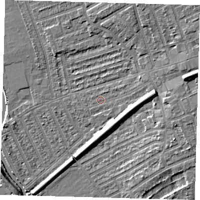 Shaded relief map of the ground around E177LQ, computed from Environment Agency LiDAR. The ground here sits at about 8 m above sea level and falls 12 m across the surrounding 800 m. Surface water reaching this point runs off ground lying to the east-north-east, 9.7 m higher.