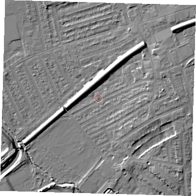 Shaded relief map of the ground around E178AG, computed from Environment Agency LiDAR. The ground here sits at about 8 m above sea level and falls 14 m across the surrounding 800 m. Surface water reaching this point runs off ground lying to the east-north-east, 6.5 m higher.
