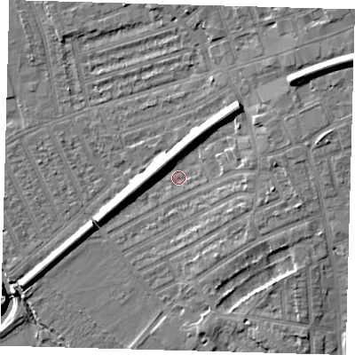 Shaded relief map of the ground around E178AH, computed from Environment Agency LiDAR. The ground here sits at about 8 m above sea level and falls 14 m across the surrounding 800 m. Surface water reaching this point runs off ground lying to the north-east, 8.5 m higher.