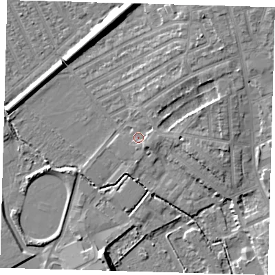 Shaded relief map of the ground around E178AL, computed from Environment Agency LiDAR. The ground here sits at about 8 m above sea level and falls 10 m across the surrounding 800 m. Surface water reaching this point runs off ground lying to the east, 2.9 m higher.