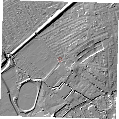 Shaded relief map of the ground around E178AN, computed from Environment Agency LiDAR. The ground here sits at about 7 m above sea level and falls 12 m across the surrounding 800 m. Surface water reaching this point runs off ground lying to the east-north-east, 6.5 m higher.