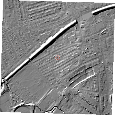 Shaded relief map of the ground around E178AP, computed from Environment Agency LiDAR. The ground here sits at about 9 m above sea level and falls 14 m across the surrounding 800 m. Surface water reaching this point runs off ground lying to the east-north-east, 4.9 m higher.