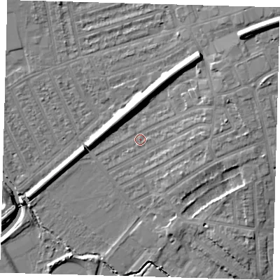Shaded relief map of the ground around E178AQ, computed from Environment Agency LiDAR. The ground here sits at about 8 m above sea level and falls 14 m across the surrounding 800 m. Surface water reaching this point runs off ground lying to the east-north-east, 6.4 m higher.