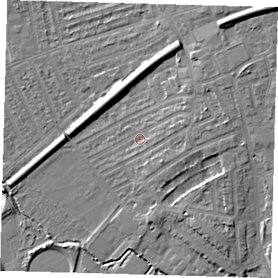 Shaded relief map of the ground around E178AR, computed from Environment Agency LiDAR. The ground here sits at about 9 m above sea level and falls 14 m across the surrounding 800 m. Surface water reaching this point runs off ground lying to the east, 2.9 m higher.