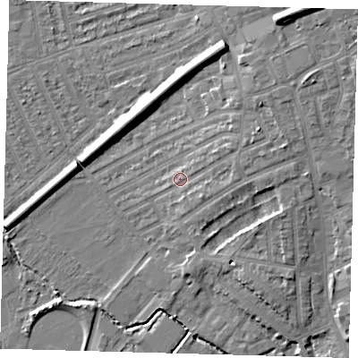 Shaded relief map of the ground around E178AS, computed from Environment Agency LiDAR. The ground here sits at about 9 m above sea level and falls 13 m across the surrounding 800 m. Surface water reaching this point runs off ground lying to the east-north-east, 3.7 m higher.