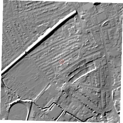 Shaded relief map of the ground around E178AT, computed from Environment Agency LiDAR. The ground here sits at about 10 m above sea level and falls 12 m across the surrounding 800 m. Surface water reaching this point runs off ground lying to the east-north-east, 3.5 m higher.
