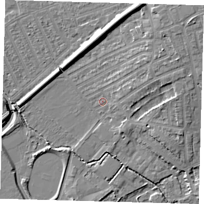 Shaded relief map of the ground around E178AU, computed from Environment Agency LiDAR. The ground here sits at about 7 m above sea level and falls 12 m across the surrounding 800 m. Surface water reaching this point runs off ground lying to the east-north-east, 6.3 m higher.