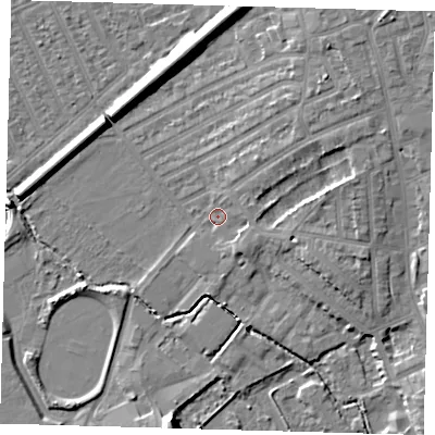 Shaded relief map of the ground around E178AX, computed from Environment Agency LiDAR. The ground here sits at about 7 m above sea level and falls 12 m across the surrounding 800 m. Surface water reaching this point runs off ground lying to the east-north-east, 6.1 m higher.