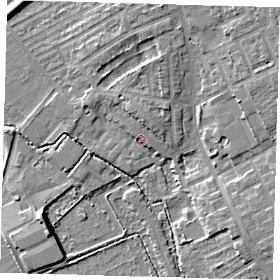 Shaded relief map of the ground around E178BN, computed from Environment Agency LiDAR. The ground here sits at about 8 m above sea level and falls 10 m across the surrounding 800 m. Surface water reaching this point runs off ground lying to the north, 2.4 m higher.
