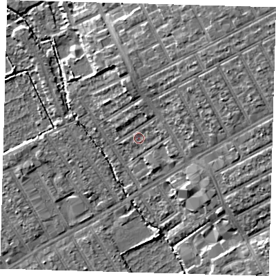 Shaded relief map of the ground around E178EG, computed from Environment Agency LiDAR. The ground here sits at about 8 m above sea level and falls 11 m across the surrounding 800 m. Surface water reaching this point runs off ground lying to the north-east, 6.9 m higher.