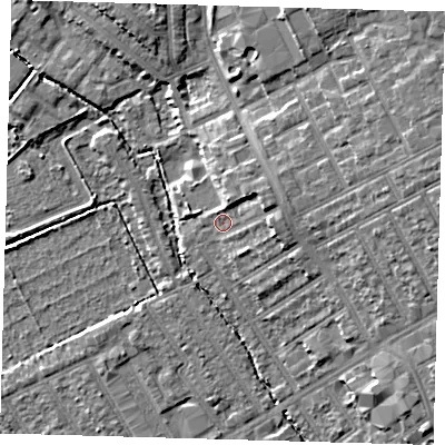 Shaded relief map of the ground around E178EL, computed from Environment Agency LiDAR. The ground here sits at about 8 m above sea level and falls 10 m across the surrounding 800 m. Surface water reaching this point runs off ground lying to the east-north-east, 5.4 m higher.