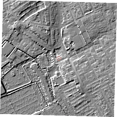 Shaded relief map of the ground around E178ER, computed from Environment Agency LiDAR. The ground here sits at about 9 m above sea level and falls 10 m across the surrounding 800 m. Surface water reaching this point runs off ground lying to the north-east, 7.9 m higher.