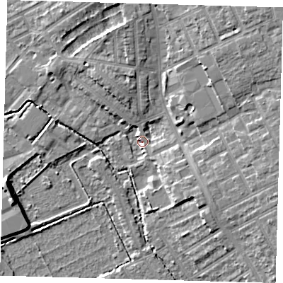 Shaded relief map of the ground around E178ES, computed from Environment Agency LiDAR. The ground here sits at about 8 m above sea level and falls 10 m across the surrounding 800 m. Surface water reaching this point runs off ground lying to the north-east, 8.9 m higher.
