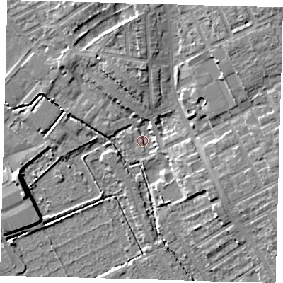 Shaded relief map of the ground around E178ET, computed from Environment Agency LiDAR. The ground here sits at about 7 m above sea level and falls 10 m across the surrounding 800 m. Surface water reaching this point runs off ground lying to the north-north-west, 0.9 m higher.