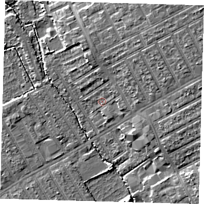 Shaded relief map of the ground around E178HA, computed from Environment Agency LiDAR. The ground here sits at about 9 m above sea level and falls 11 m across the surrounding 800 m. Surface water reaching this point runs off ground lying to the north-east, 6.1 m higher.