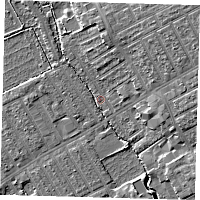 Shaded relief map of the ground around E178HB, computed from Environment Agency LiDAR. The ground here sits at about 6 m above sea level and falls 10 m across the surrounding 800 m. Surface water reaching this point runs off ground lying to the north-east, 9.8 m higher.