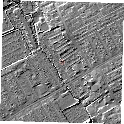 Shaded relief map of the ground around E178HD, computed from Environment Agency LiDAR. The ground here sits at about 6 m above sea level and falls 10 m across the surrounding 800 m. Surface water reaching this point runs off ground lying to the north-east, 8.5 m higher.