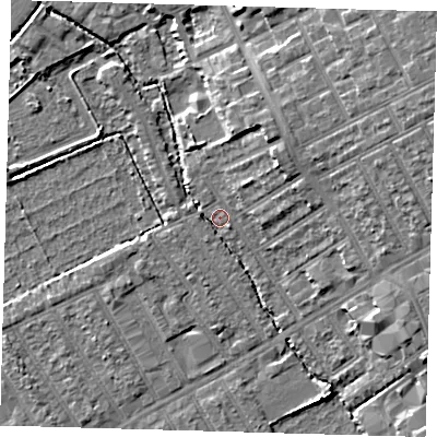 Shaded relief map of the ground around E178HE, computed from Environment Agency LiDAR. The ground here sits at about 7 m above sea level and falls 10 m across the surrounding 800 m. Surface water reaching this point runs off ground lying to the north-east, 5.9 m higher.