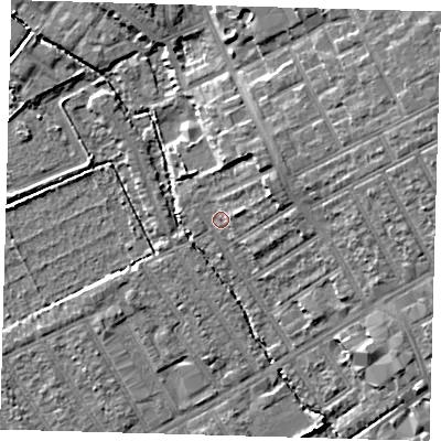 Shaded relief map of the ground around E178HF, computed from Environment Agency LiDAR. The ground here sits at about 7 m above sea level and falls 10 m across the surrounding 800 m. Surface water reaching this point runs off ground lying to the north-east, 5.8 m higher.